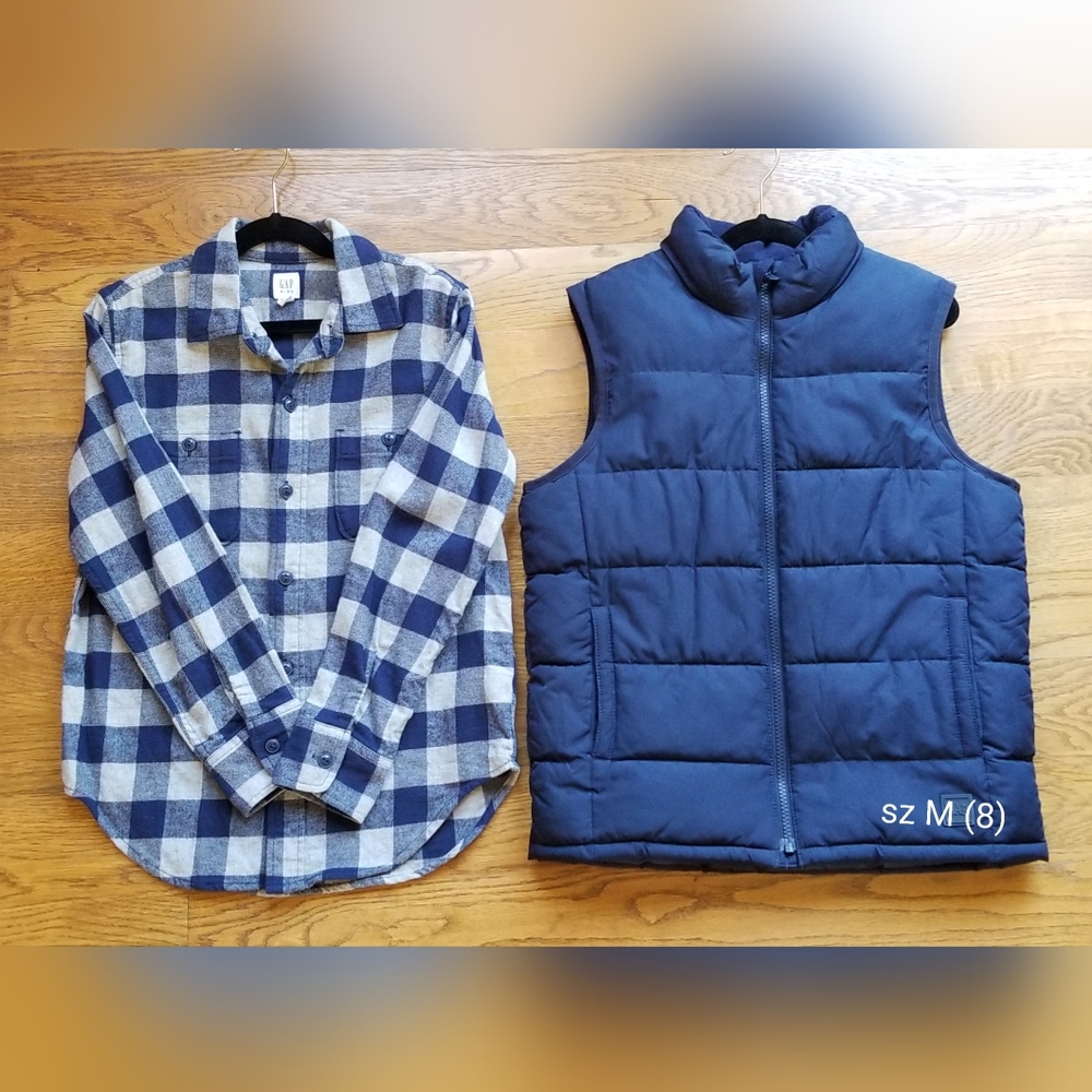 GAP Navy Puffer Vest and Blue Checkered Shirt